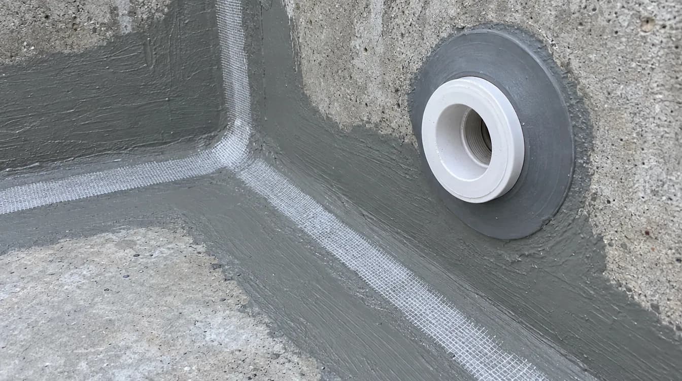 Esquina de un vaso de piscina vacío con banda de refuerzo de malla blanca embebida en mortero impermeable gris y una boquilla de impulsión sellada con un collarín