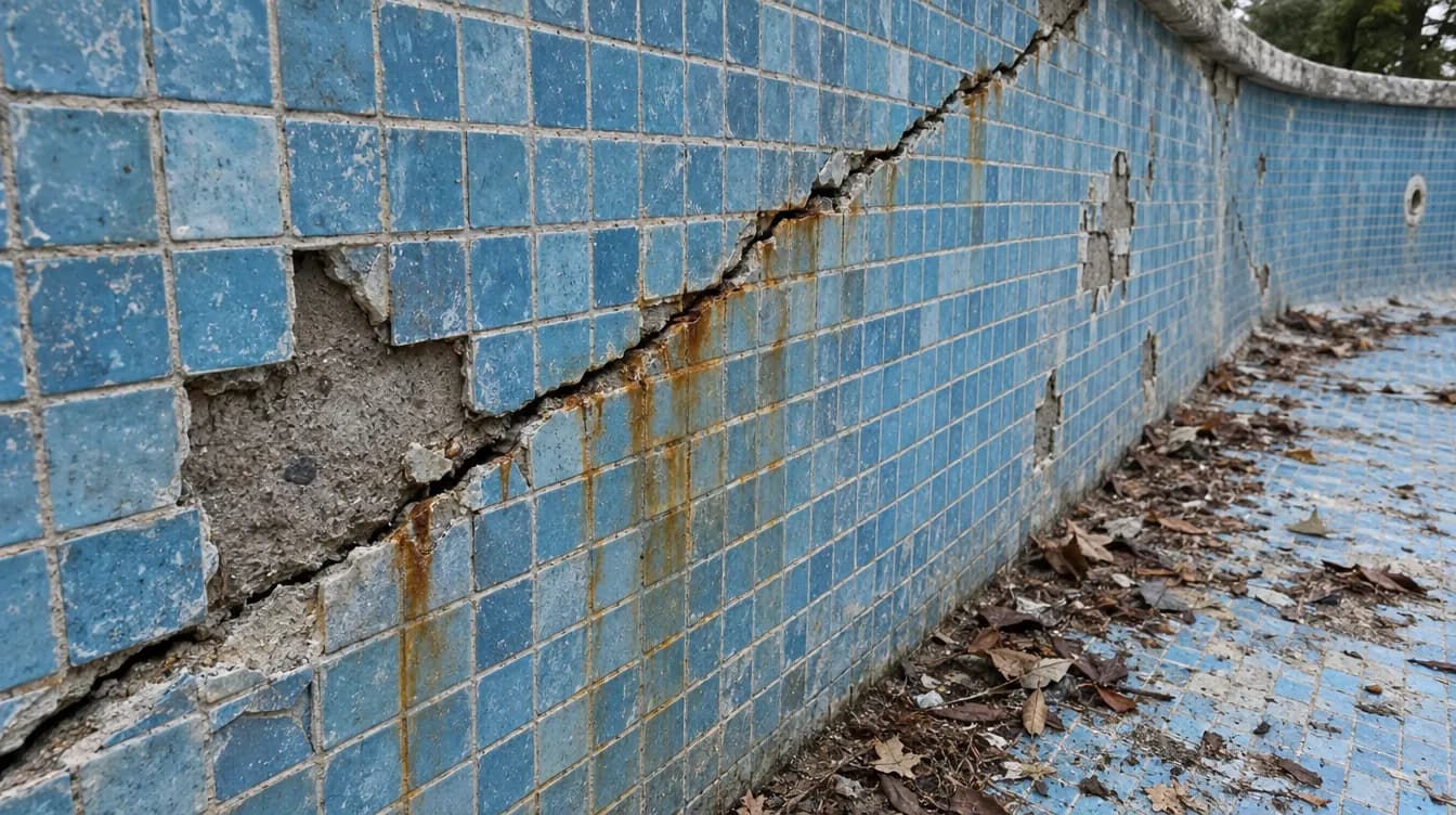 Pared de una piscina vacía con una grieta diagonal ancha que rompe el gresite azul, piezas caídas y un reguero de óxido