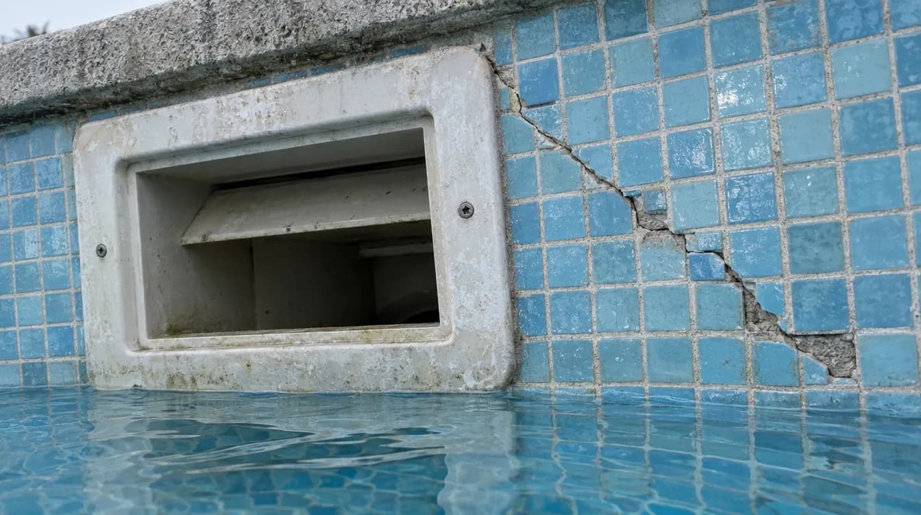 Boca de skimmer en la pared de una piscina de gresite azul claro con una grieta diagonal que sale de su esquina y algunas teselas desprendidas