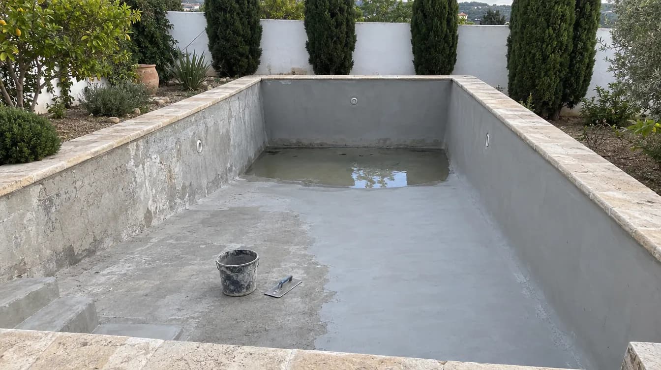 Piscina de obra vacía durante su reforma, con parte del vaso cubierto de mortero impermeable gris, un cubo y una llana en el fondo