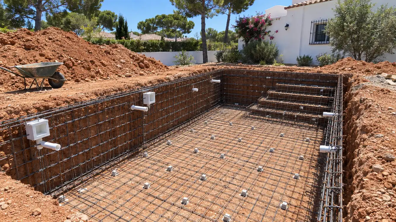 Excavación de una piscina en un jardín con la armadura de acero montada y montones de tierra alrededor