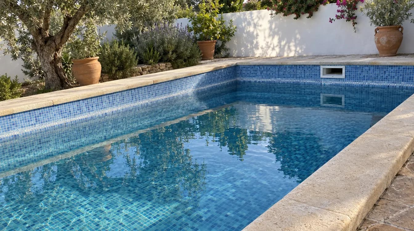 Piscina de obra con gresite azul en un jardín mediterráneo, con el nivel del agua por debajo de la boca del skimmer