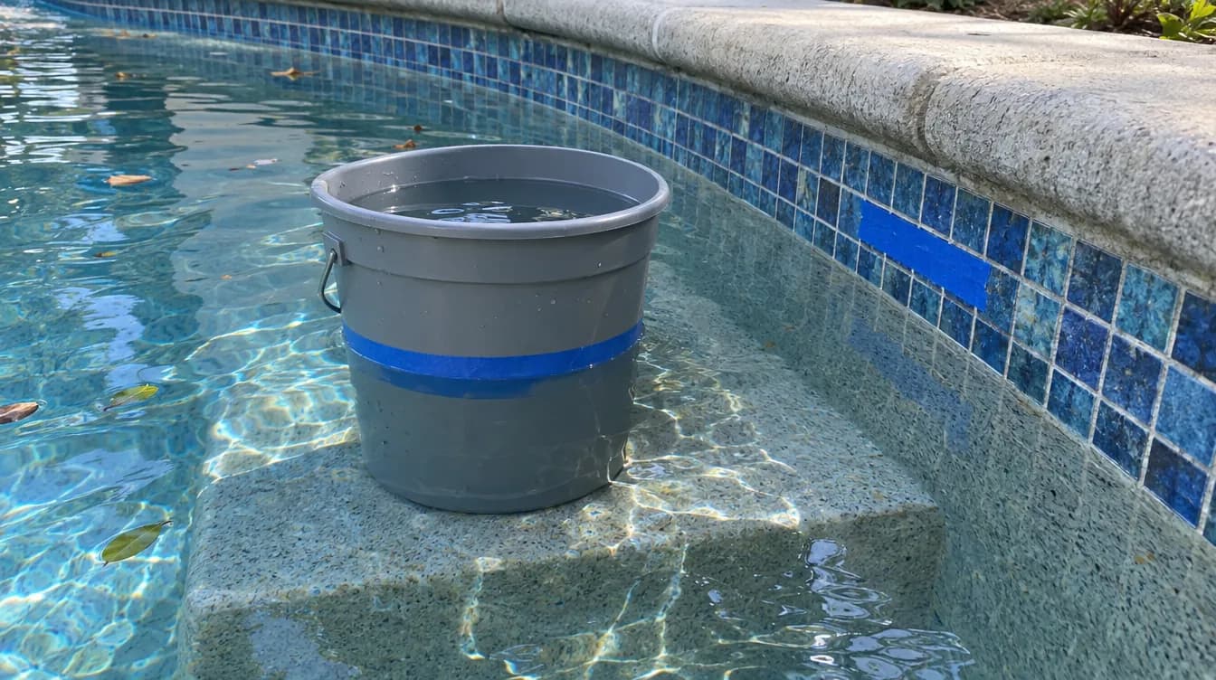 Cubo gris lleno de agua apoyado en el escalón sumergido de una piscina de gresite azul, con una cinta azul que marca el nivel en el cubo y otra en la pared